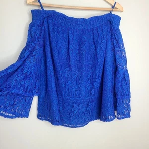 Lilly Pulitzer Tobyn Top hellblau schulterfrei Palmen Spitze Bluse Gr. L - Bild 1 von 8