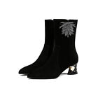 Women's Fashion Suede Leather Diamante Flower Block Heel Ankle Boots Shoes Mgee