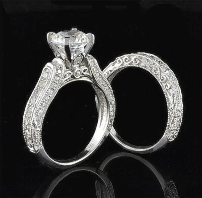1.3CT White Round Cut CZ Wedding Vintage Style Matching Band 925 Silver Ring Set - Image 1 of 4
