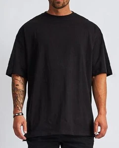 MENS Designed oversized Solid straight cut bottom ribbed neck collar T-Shirt Tee - Picture 1 of 17