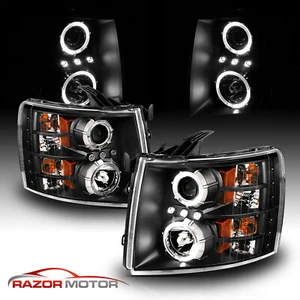 2007-2014 For Chevy Silverado 1500 2500HD 3500HD LED Halo Black Headlights - Picture 1 of 10