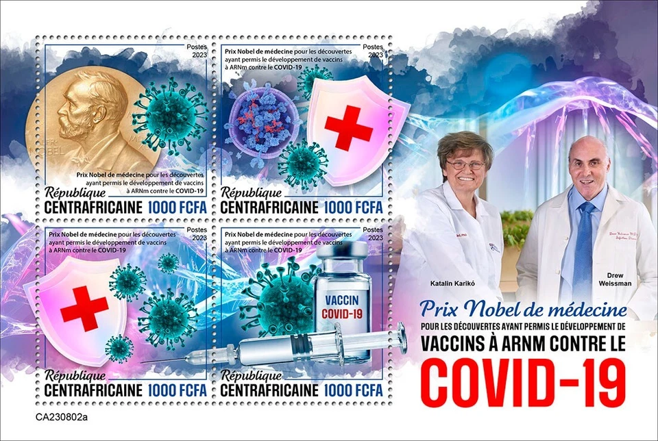 Nobel Prize Vaccine Corona Red Cross MNH Stamps 2023 Central African M/S — 第 1/1 张图片