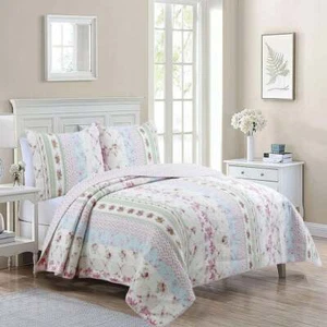 NEW! ~ COZY COUNTRY SHABBY CHIC PINK RED BLUE GREEN WHITE ROSE SOFT QUILT SET - Picture 1 of 12