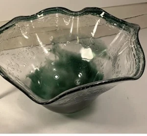Vintage MCM Style Handkerchief Bowl 10-11” Handblown Crystal Green Abstract - Picture 1 of 11
