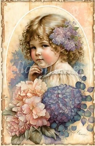 Bloque de tela de algodón de costura artesanal vintage hortensia jardín niño #1 7x10 - Imagen 1 de 1