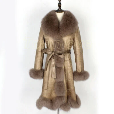 Mujeres Invierno Real Piel de Zorro Cuello Piel de Conejo Forrado Cuero Medio Largo Abrigo Abrigo Abrigo Foto 1 de 4