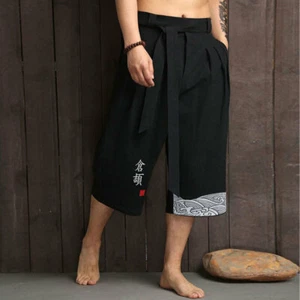 Men 3/4 Long Shorts Cotton Linen Below Knee Pants Tai Chi Loose Lace-Up Kung Fu - Bild 1 von 15