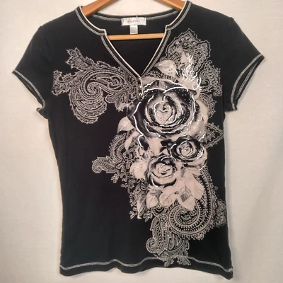 Vintage Y2K Dressbarn Shirt Women Small Black Silver Roses Cap Sleeve Studded - Image 1 of 4