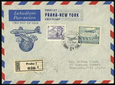 Tchecoslováquia para EUA 1946 Praga Nova York Primeiro Correio Aéreo Voo Registrado FDC - Imagem 1 de 2