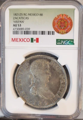 1821 Zs RG MEXICO SILVER 8 REALES FERDINAND VII ROYALIST COIN NGC AU 53 SCARCE - Image 1 of 3