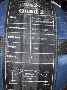 Sleeping bag by Blacks Quad 2 Season 2 warmth 230x80cm RRP£75 - Picture 1 of 5