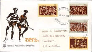 1982 Australia Cultura Aborigen Música y Danza Conjunto de 4 Direccionadas WCS FDC, GC - Imagen 1 de 1