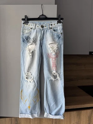 Vintage Dior Distressed Printed Light Washed Blue Denim Jeans Size 26 - Image 1 of 4