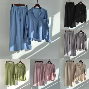 Vintage Women's Comfortable 2PCS Suit Solid Color Shirt and Wide Leg Pants - Picture 1 of 18