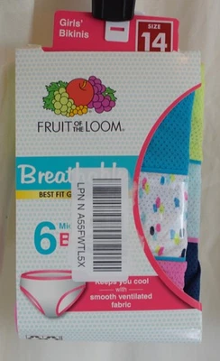 Fruit of the Loom 6 Pack Girls' Breathable Underwear Assorted Colors Size 14 - Image 1 of 3