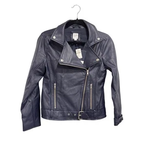 NWT Gap Kids Navy Faux Leather Moto Jacket - Picture 1 of 2