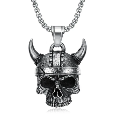 Viking Biker Skull Necklace Jewelry Gothic-Silvery Skeleton Bell Stainless Steel - Image 1 of 4