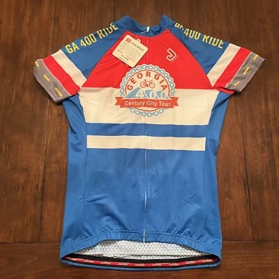 Camisa de ciclismo feminina Jakroo grande com zíper completo nova com etiquetas - Vermelha e azul - Imagem 1 de 4