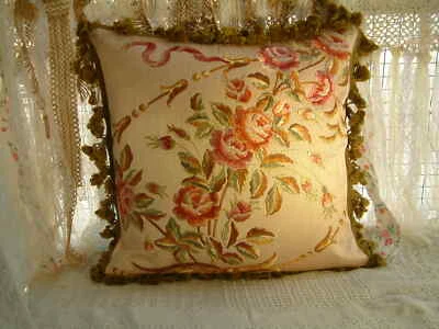 20" Elegant Beautiful Victorian Roses Floral Ribbon Embroidery Pillow Cover - Image 1 of 4