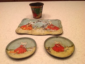 Set da tè vintage latta litografato cofano sole ragazze Germania vassoio piatti tazza 4 pezzi - Foto 1 di 12