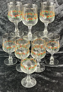 Libbey Arby's Christmas Holly Berry Gold Rim Stem Wine Glasses~~Set of 10 - Picture 1 of 6