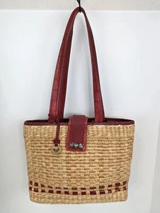 Brighton Raffia Woven Tote Bag with Red Leather Straps and Accents Heart Charms - Picture 1 of 12