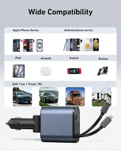 66W 4‑in‑1 Retractable Car Charger with 2 Cables & 2 USB Ports – Type‑C/USB‑A - Zdjęcie 1 z 3