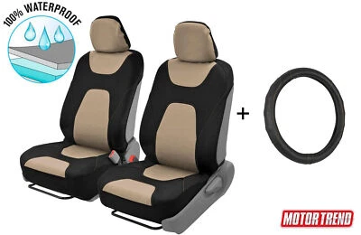 100% Waterproof Car Seat Covers w/ Microfiber Leather Steering Wheel Cover Beige - Image 1 of 4