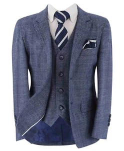 Men's Suit Blue Check Tweed Tailored Fit Classic Formal Wedding Business Set - Picture 1 of 11