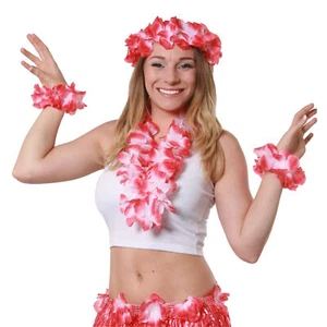RED LEI HAWAIIAN GARLAND HULA 4 PIECE FLOWER HEADBAND, NECKLACE & WRISTBAND - Picture 1 of 7