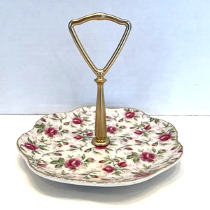Lefton Pink Rose Chintz Tidbit Plate w/Handle Handpainted NE6651R-N - Picture 1 of 7