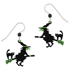 Sienna Sky Flying Witch & Black Cat on a Broomstick Pierced Earrings Made in USA