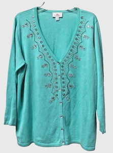 Quacker Factory Cardigan Sweater Sz XL  Beaded Bling Mint  New - Picture 1 of 5