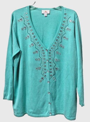 Quacker Factory Cardigan Sweater Sz XL  Beaded Bling Mint  New - Image 1 of 4
