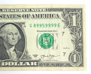 Billete de $1 de 2013 con número de serie de lujo - Trinario + 6 de una clase - 89959999 - Imagen 1 de 4