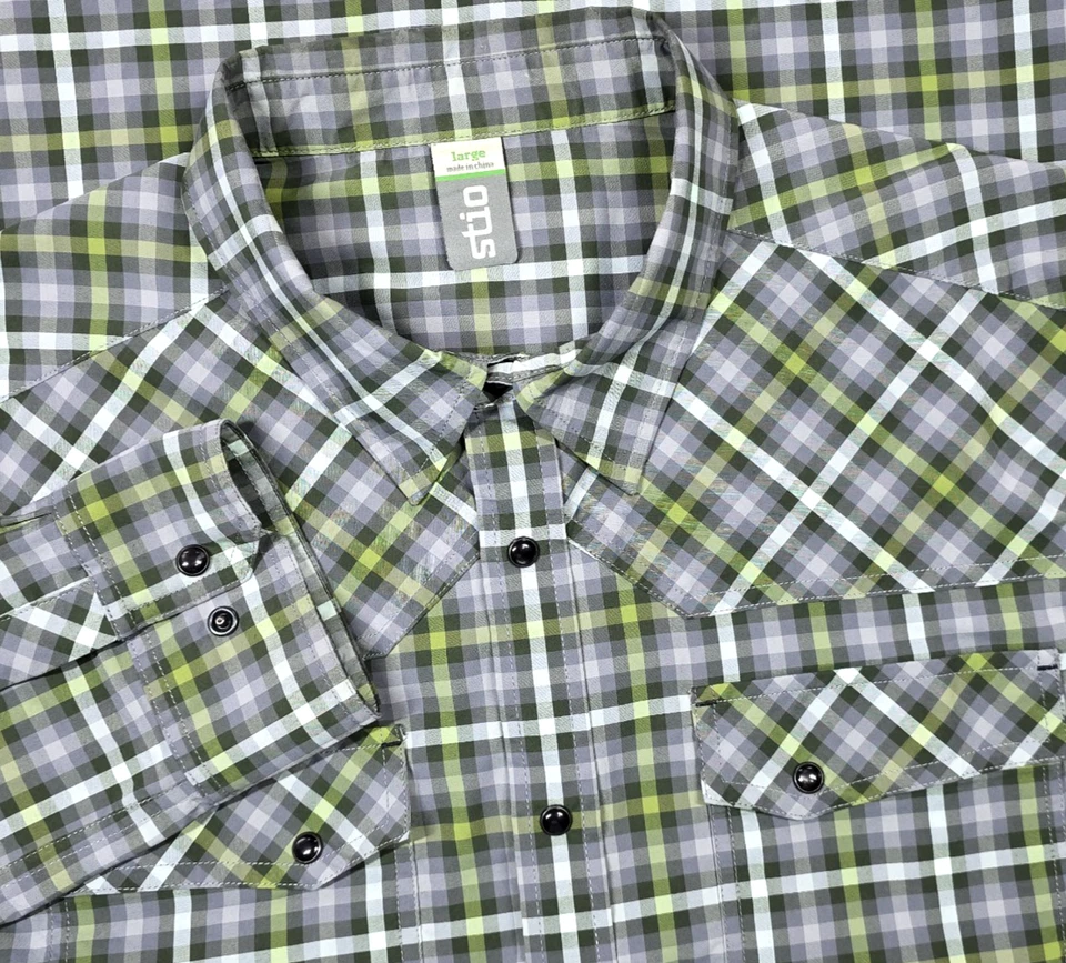 Camisa Stio Eddy Masculina L Verde Cinza Xadrez Western Preta Pérola Snaps UPF Western - Imagem 1 de 4