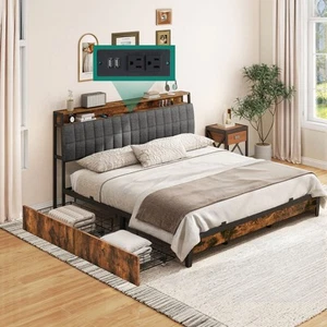 King Bed Frame Linen Upholstered Platform Headboard Platform w/ Storage Drawer - Picture 1 of 10