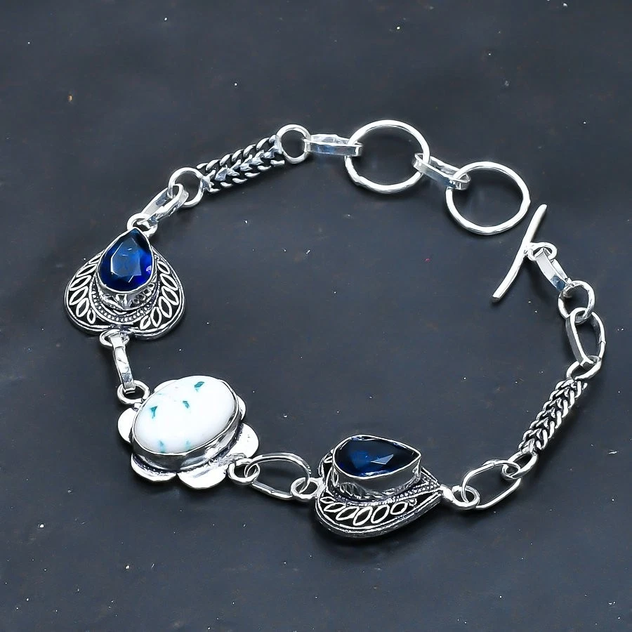 Brazalete de joyería hecha a mano con piedras preciosas de topacio azul de ágata de árbol 7-8" Foto 1 de 1
