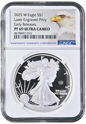 Laser Privy 2025 W Silver Eagle S$1 NGC PF69 Ultra camafeo lanzamientos tempranos #968 Foto 1 de 2