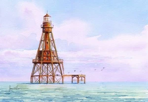 American Shoal Leuchtturm, Florida Keys Sunrise. James Mann Aquarell Notizkarten - Bild 1 von 2