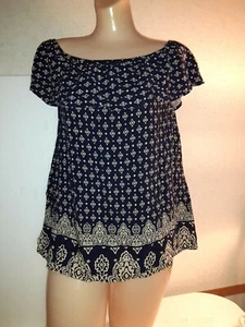 Carducci Sleeveless Ruffled Shoulder Navy and Beige Print Top Size Med. - Picture 1 of 4