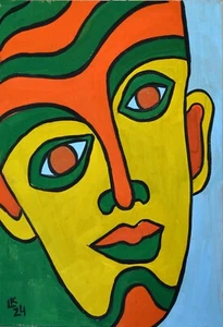 Bold Abstract Face – 12x9 Original Acrylic Portrait for Modern Wall Art - Picture 1 of 3