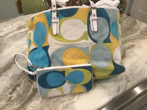 Coach Optic Wildleder Leder blau/grün mehrfarbig Galerie Tragetasche und Handgelenk. - Bild 1 von 12