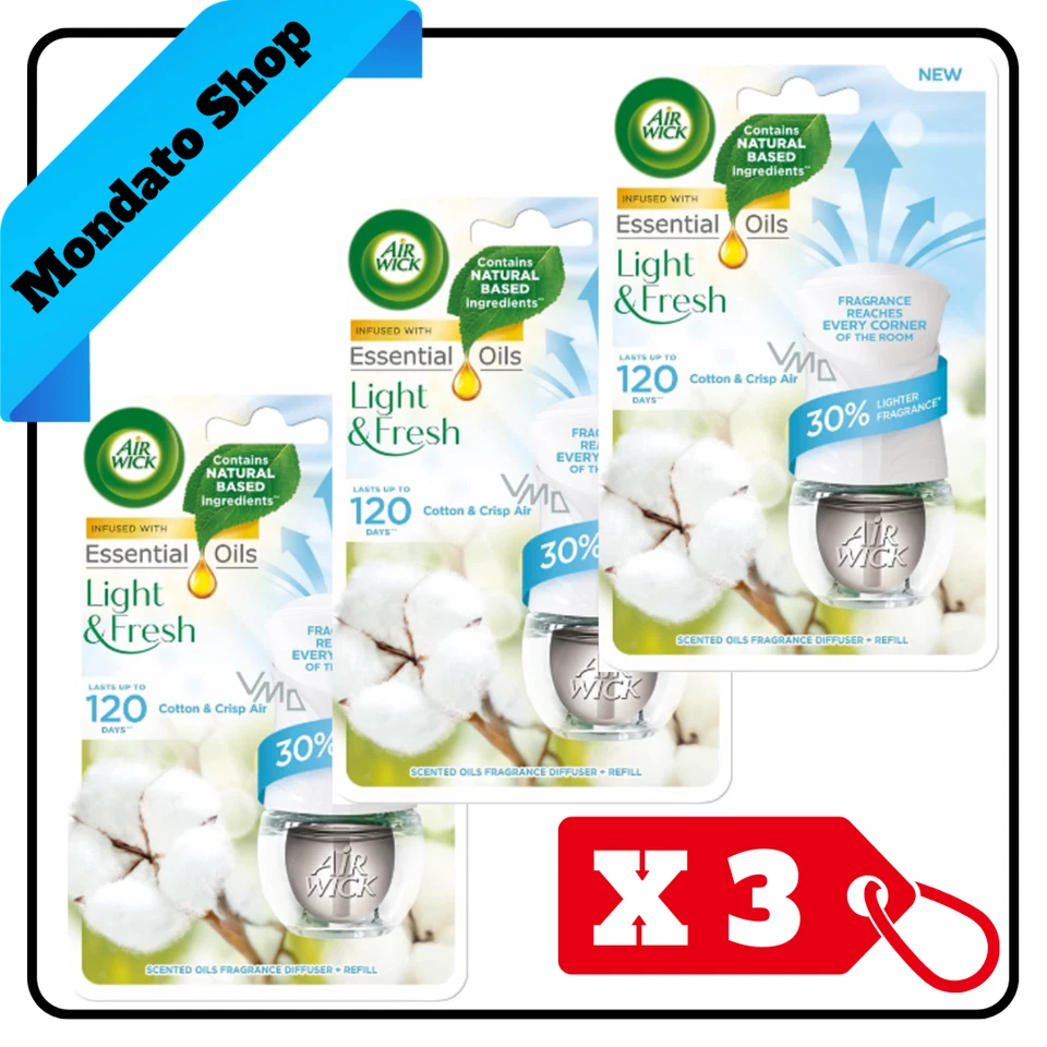 AIR WICK DIFFUSORE ELETTRICO + RICARICA 19ml COTTON & CRISP AIR 120 GIORNI (X3) - Immagine 1 di 1