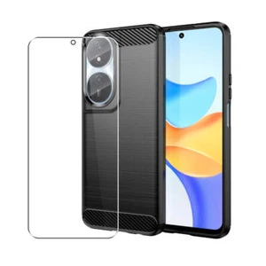 Carbon Case for Honor X7B Phone Cover and Glass Screen Protector Black - Picture 1 of 6
