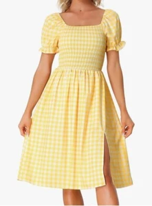 Allegra K Womens Yellow Gingham Puff Sleeve Midi Dress Side Slit Size Med Casual - Picture 1 of 11