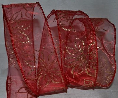 Cinta con cable ~ Rojo Transparente ~ Navidad Oro Brillo Poinsettia ~ 2" ~ Corona ~ Vacaciones ~ Arco Foto 1 de 2