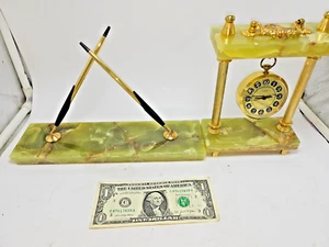 Vintage Onyx Desktop Cross Pen & Pencil Holder & Europa 2 Jewels Clock Mantle - Picture 1 of 8