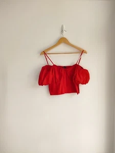 Zara Womens Red Cold Shoulder Cotton Crop Summer Top Size Eur L - Picture 1 of 6