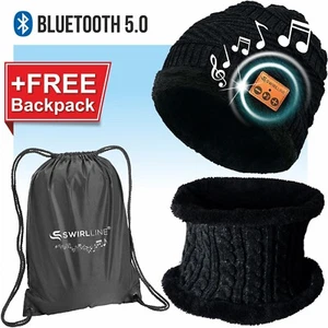 Black Bluetooth Music Warm Beanie Wireless Smart Headset Headphone Speaker Mic - Picture 1 of 6